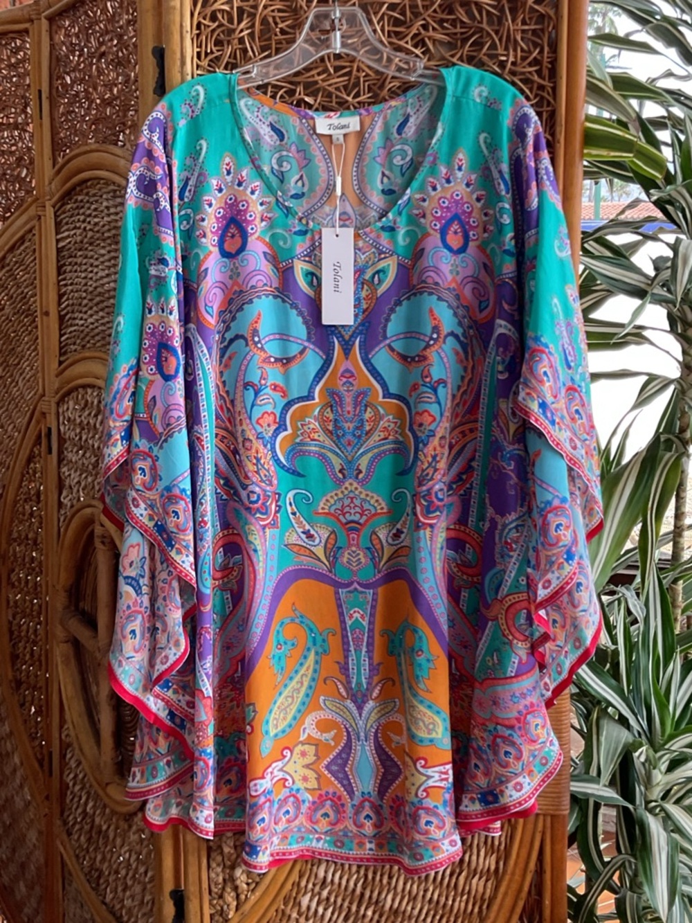 NWT Tolani Teal, Turquoise & Purple Paisley Boho Tunic Cover-Up Blouse